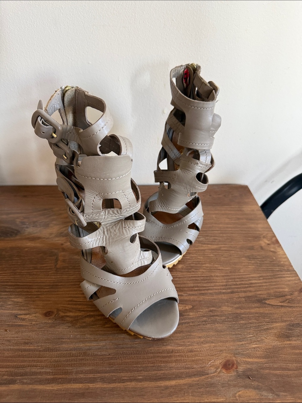 L.A.M.B. Cutout Strappy High-Heel Sandals in Taupe